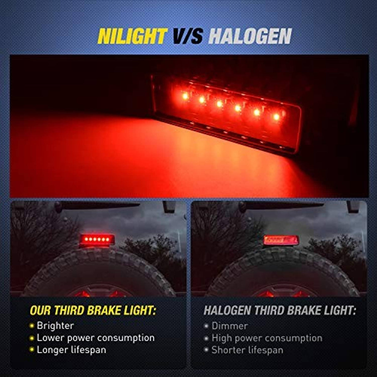 Smoked-lens LED third brake light glowing red with multiple red light bars