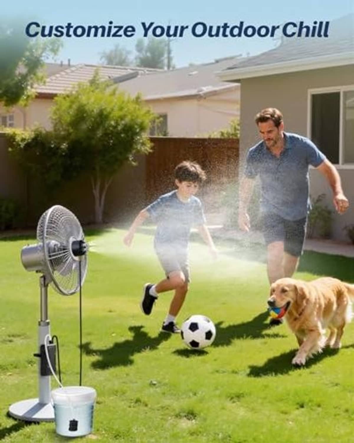 Portable misting fan with stand and water reservoir, spraying cooling mist in a backyard