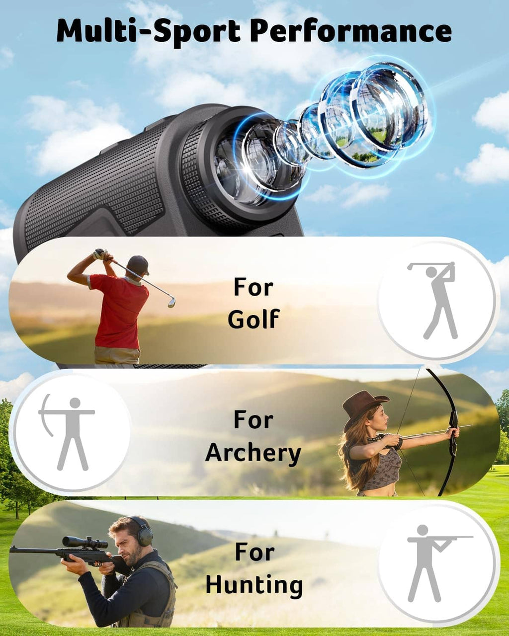 Gray handheld multi-sport rangefinder with two lenses and lens-focused design