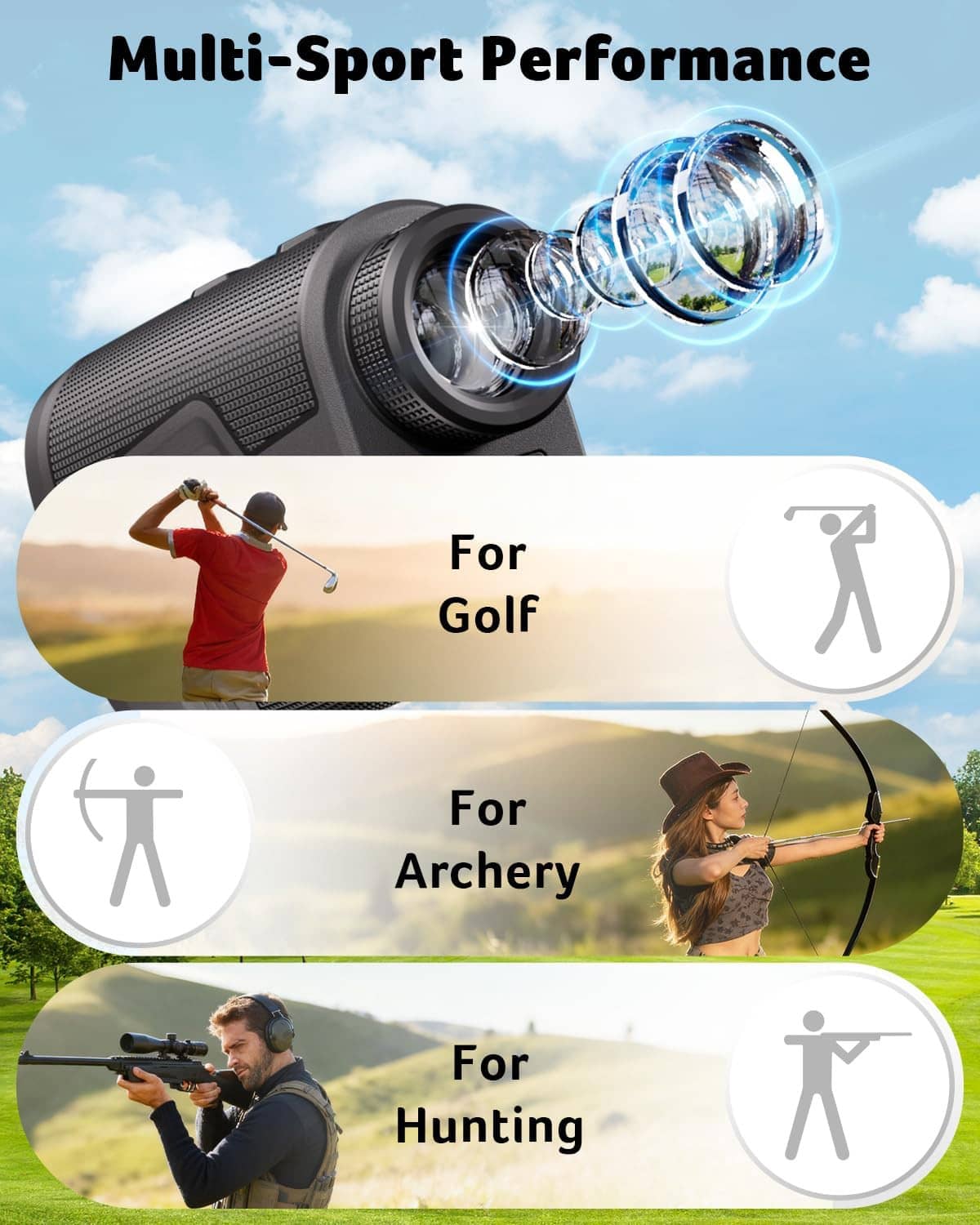 Gray handheld multi-sport rangefinder with two lenses and lens-focused design