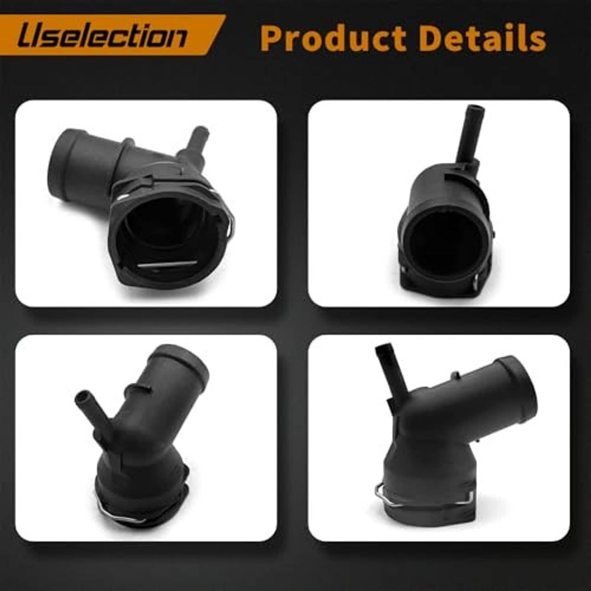 Black coolant hose connector pipe shown from multiple angles with circular ports