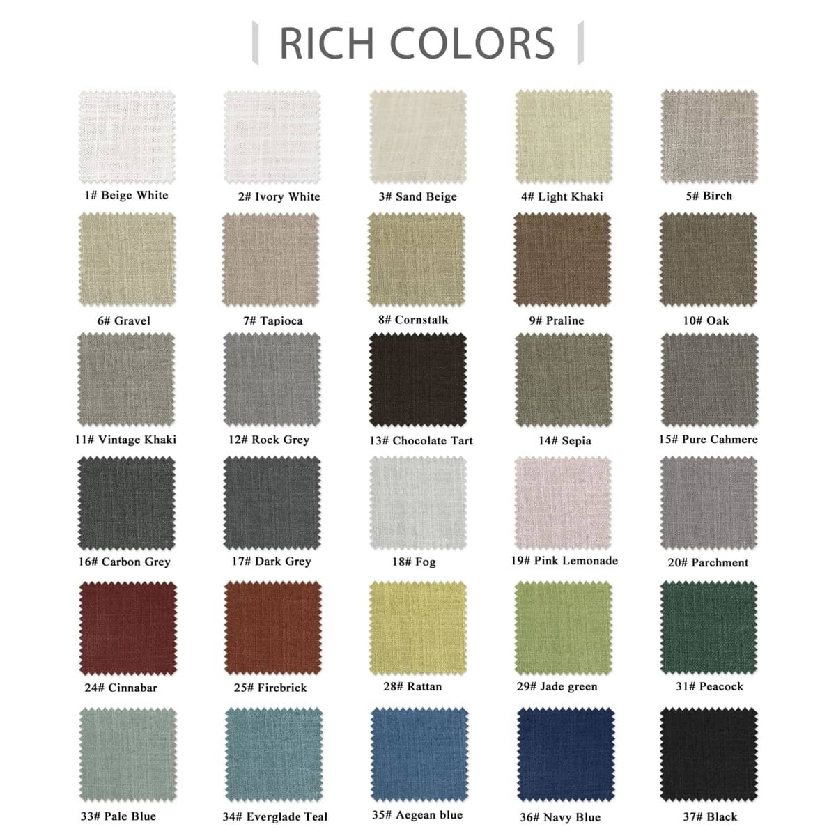Curtain liner fabric color swatch chart with many solid color options
