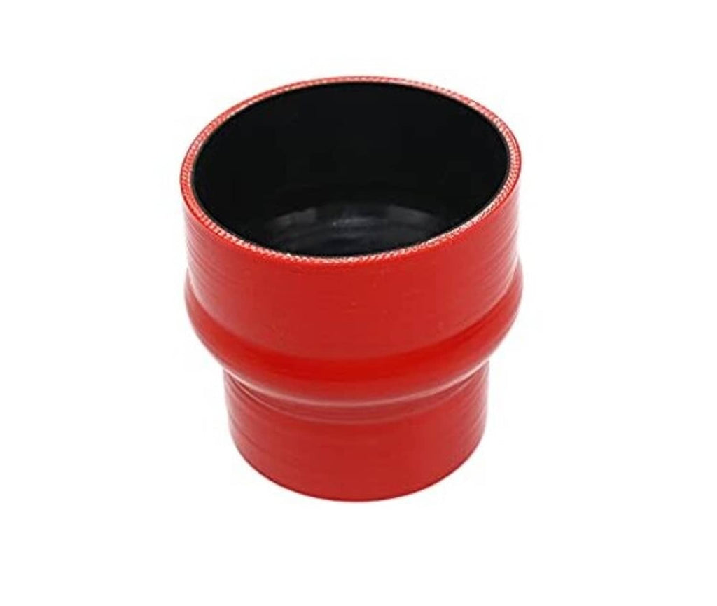 Red silicone reducer hose with black inner opening, open top and flared body