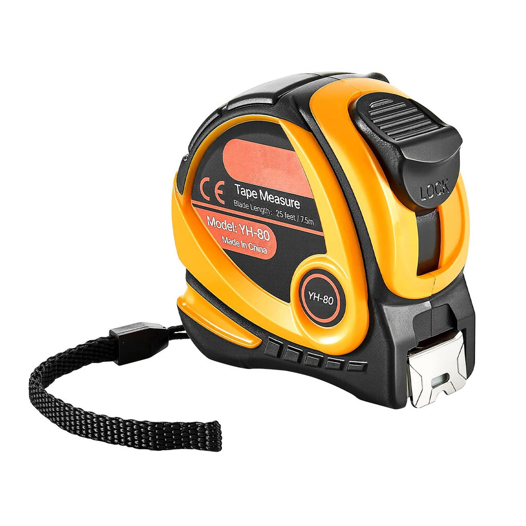 Retractable tape measure close-up with yellow casing, black buttons, and wrist strap.