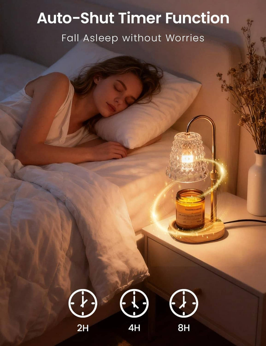 Candle warmer lamp with diamond shade and glowing candle jar on bedside table