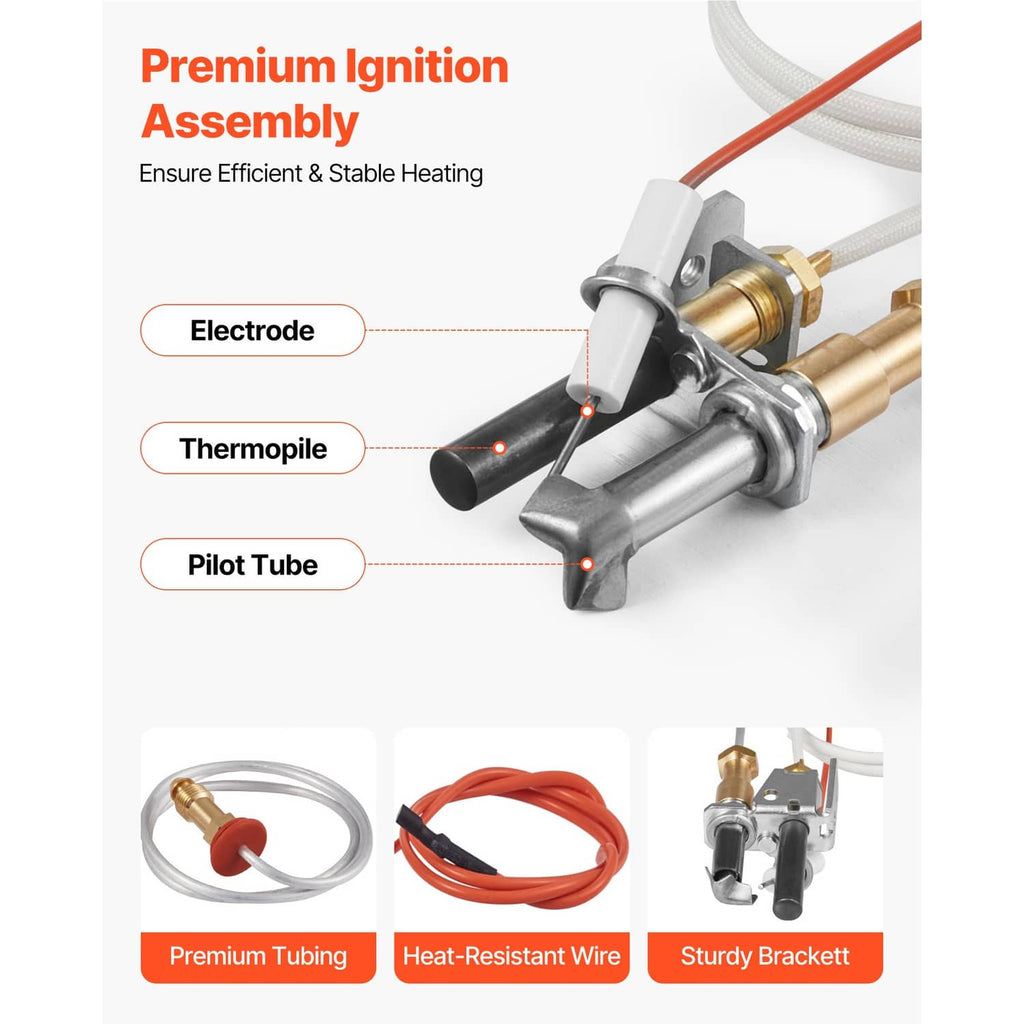 Gas pilot assembly close-up with electrode and thermopile probes plus pilot tubing
