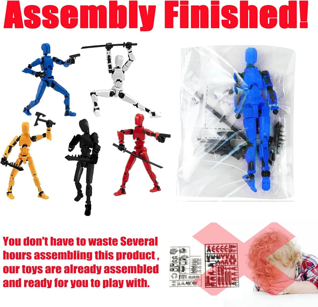 Multi-color assembled robot action figures in retail package with accessory parts