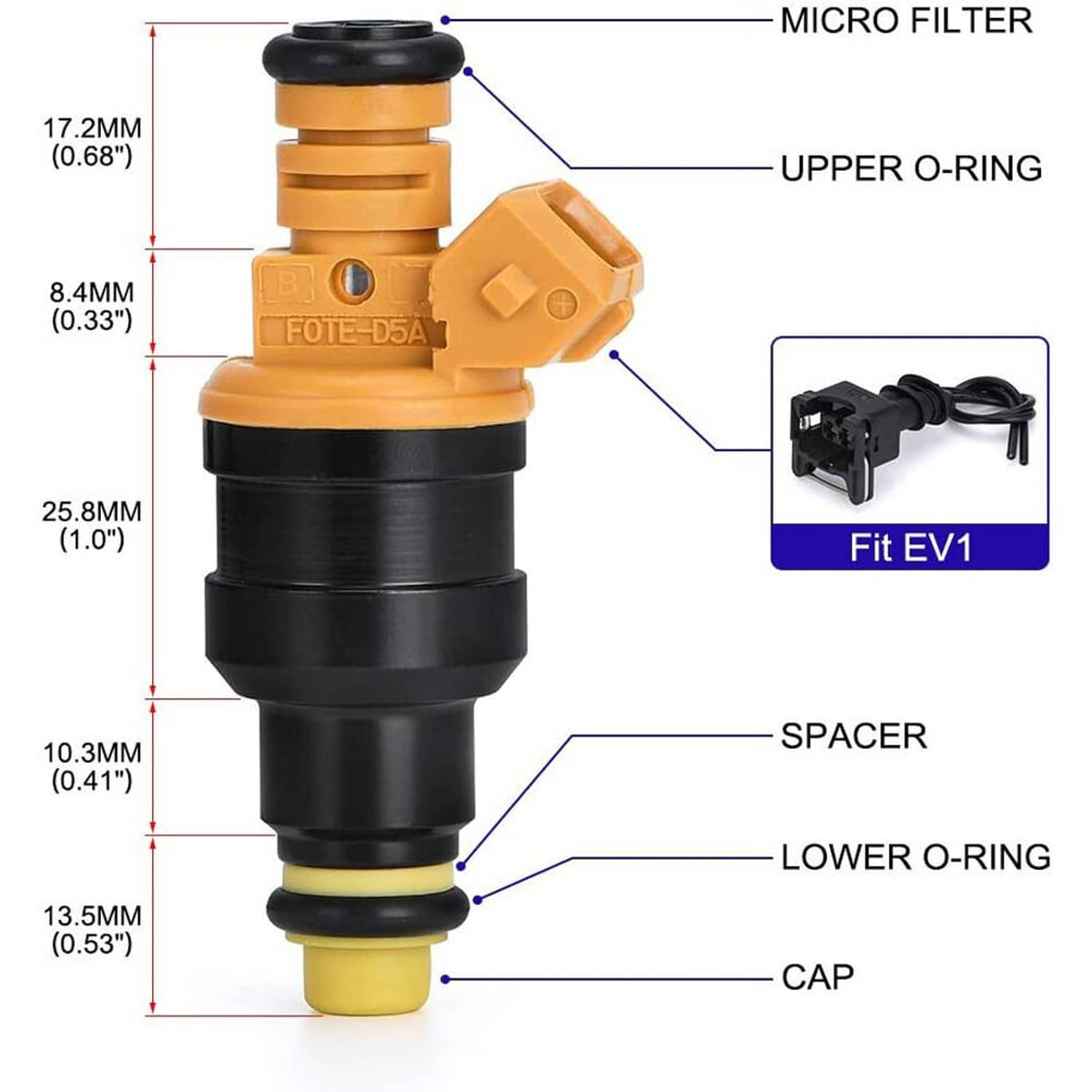 Close-up of orange and black fuel injector with labeled parts and o-ring seals