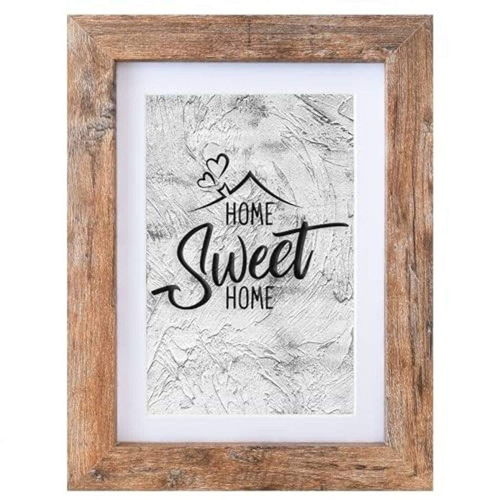 Rustic brown wood photo frame with white mat and portrait print, front view