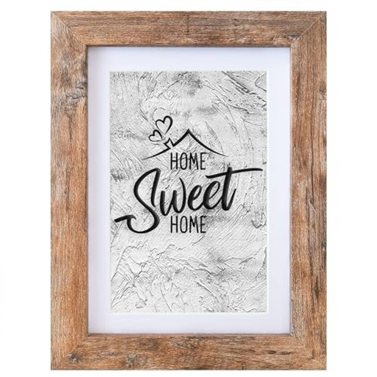 Rustic brown wood photo frame with white mat and portrait print, front view