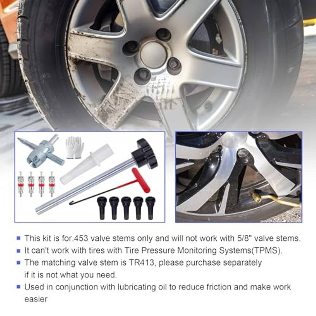 Car wheel with tire valve stem tool kit parts, including core caps and insertion rod