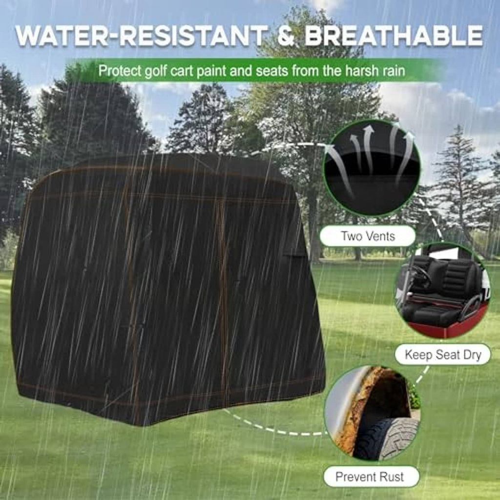 Black waterproof golf cart cover with two vents to keep seats dry