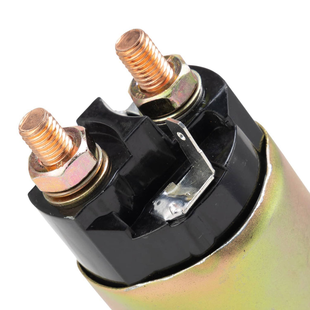 Starter solenoid relay switch close-up: black contacts with copper mounting bolts