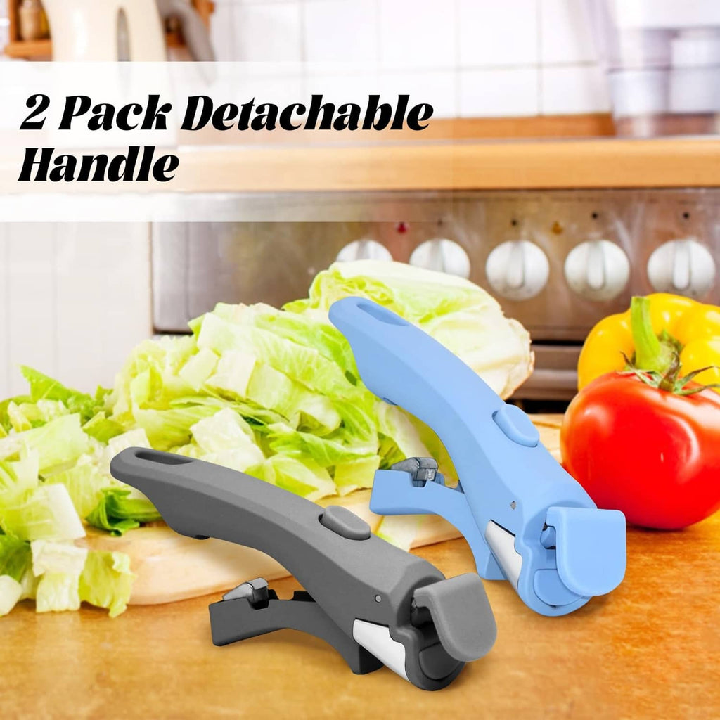 Detachable cookware handles set, blue-gray and dark gray, angled over a pot