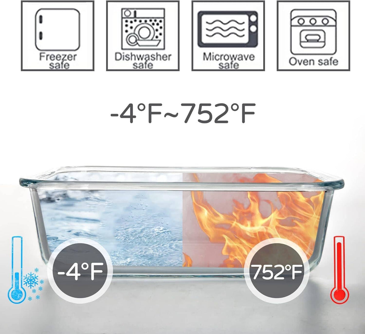 Glass food storage container with lid plus freezer and oven safe icons
