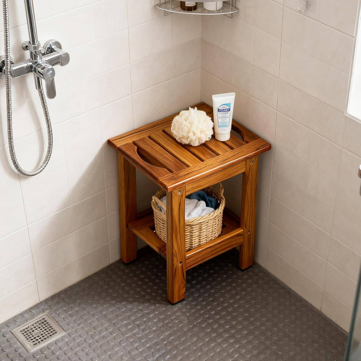 Teak slatted shower stool with lower shelf, placed in a tiled shower corner