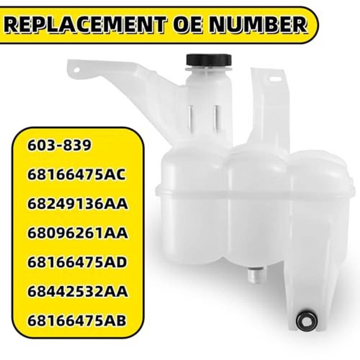 White replacement coolant reservoir tank with black cap and outlet connector