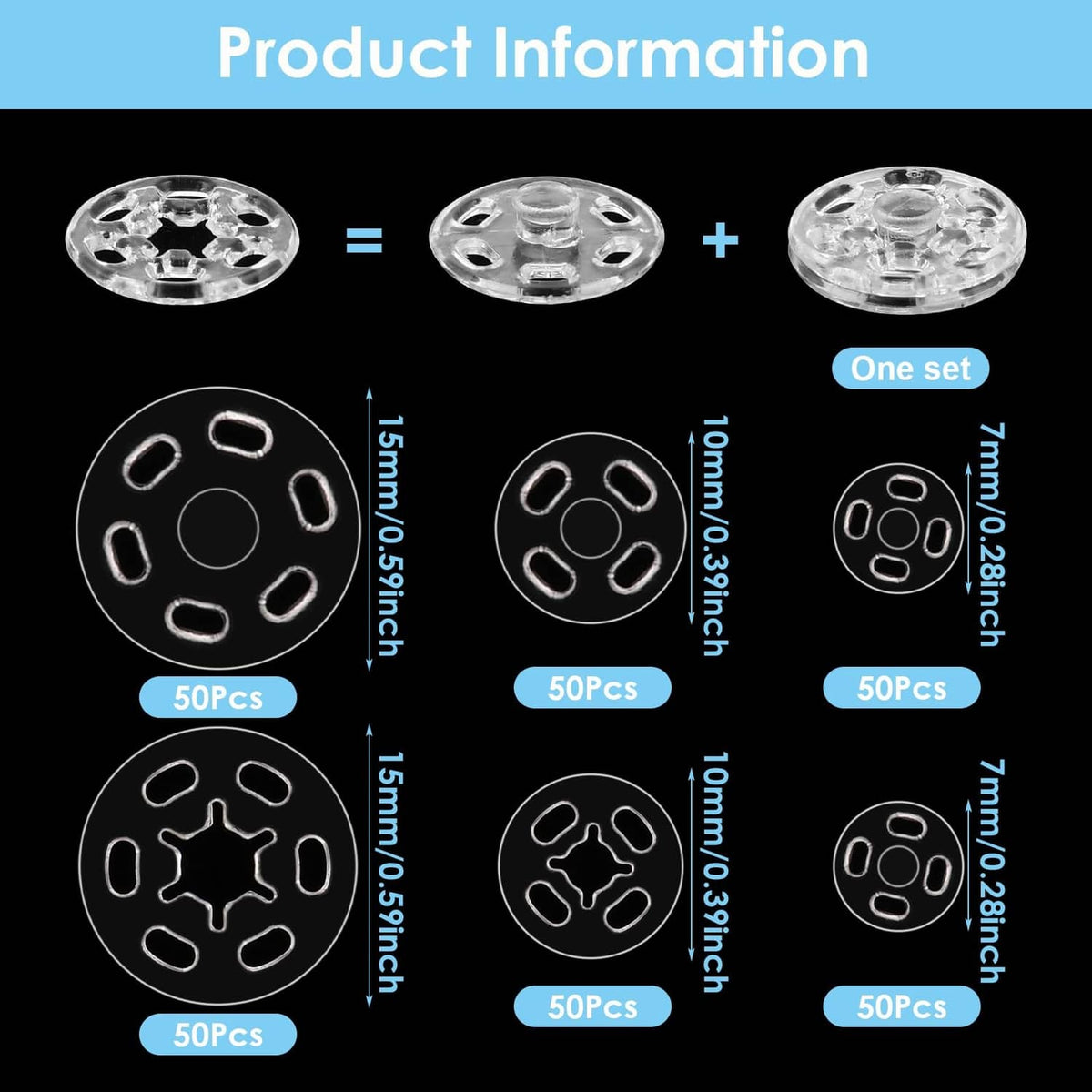 Clear plastic sew-on snap fasteners set, 7mm snap discs shown