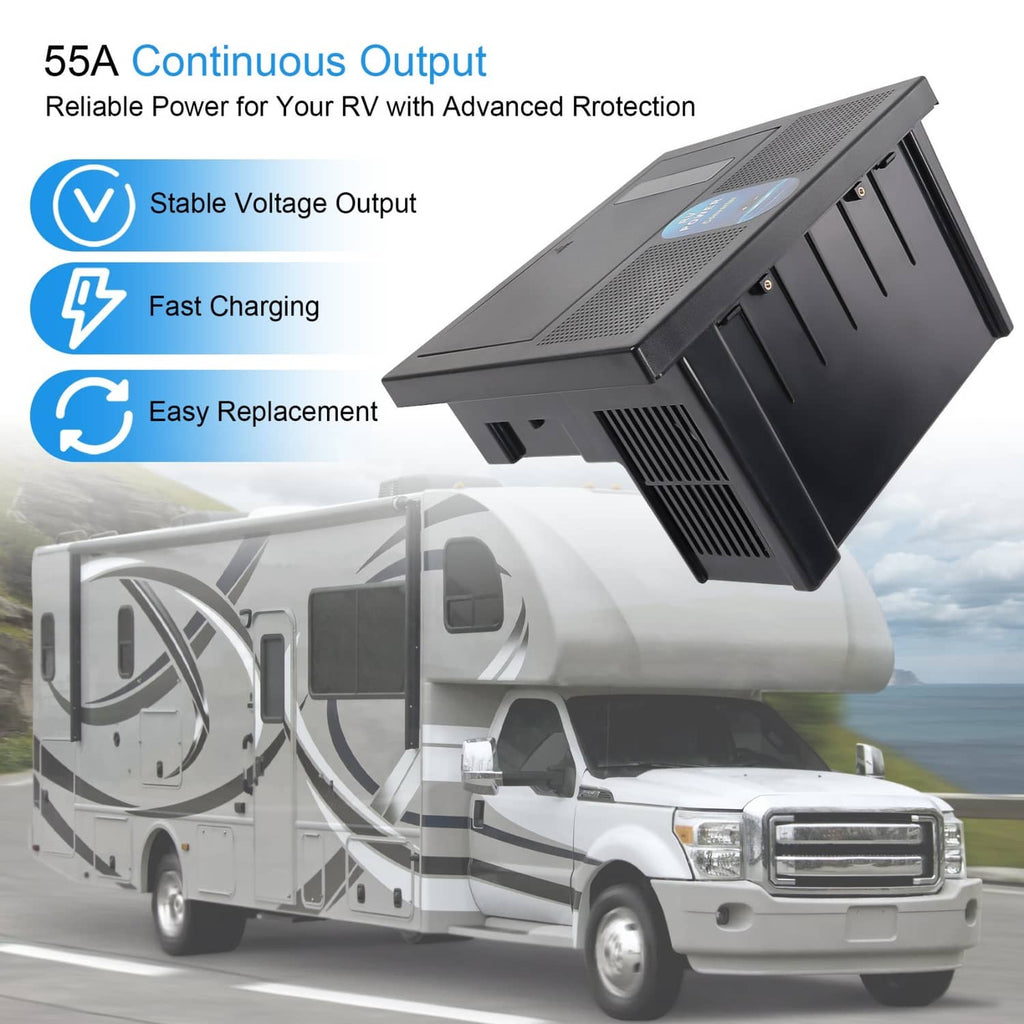 RV power converter battery charger angled view with top grille and side ventilation slots