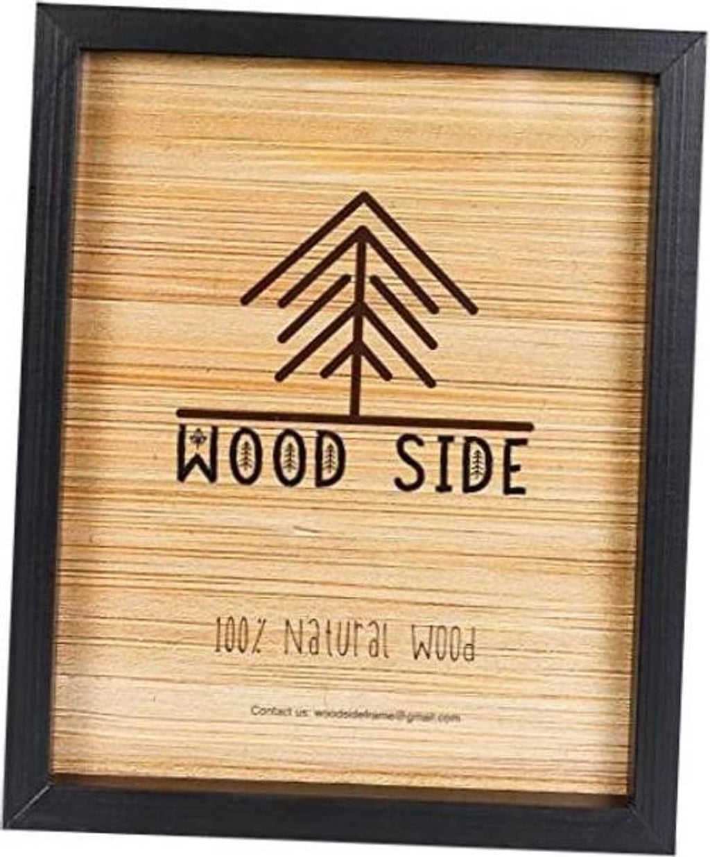 Black wooden poster frame with natural wood-style print and “Wood Side” tree graphic