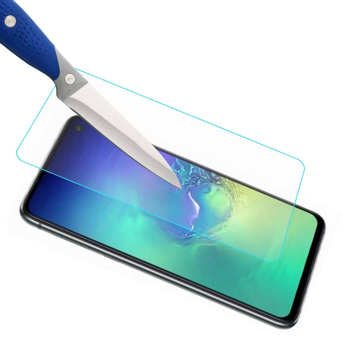 Clear tempered glass screen protector aligned on Samsung Galaxy S10e