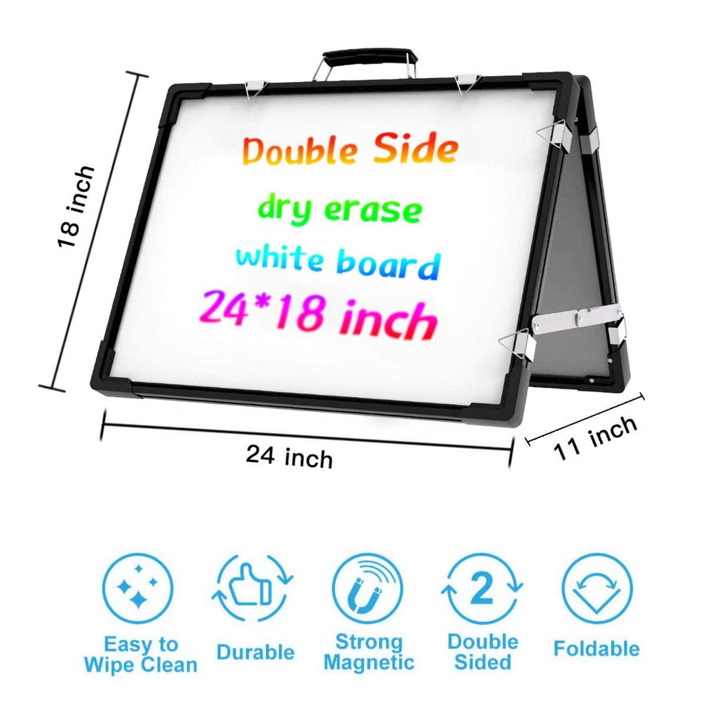 Foldable dry erase whiteboard with black frame, 24 by 18 inch outline