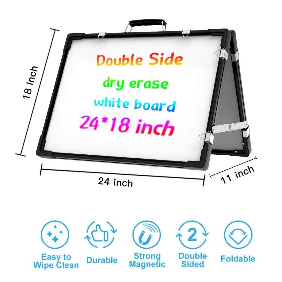 Foldable dry erase whiteboard with black frame, 24 by 18 inch outline