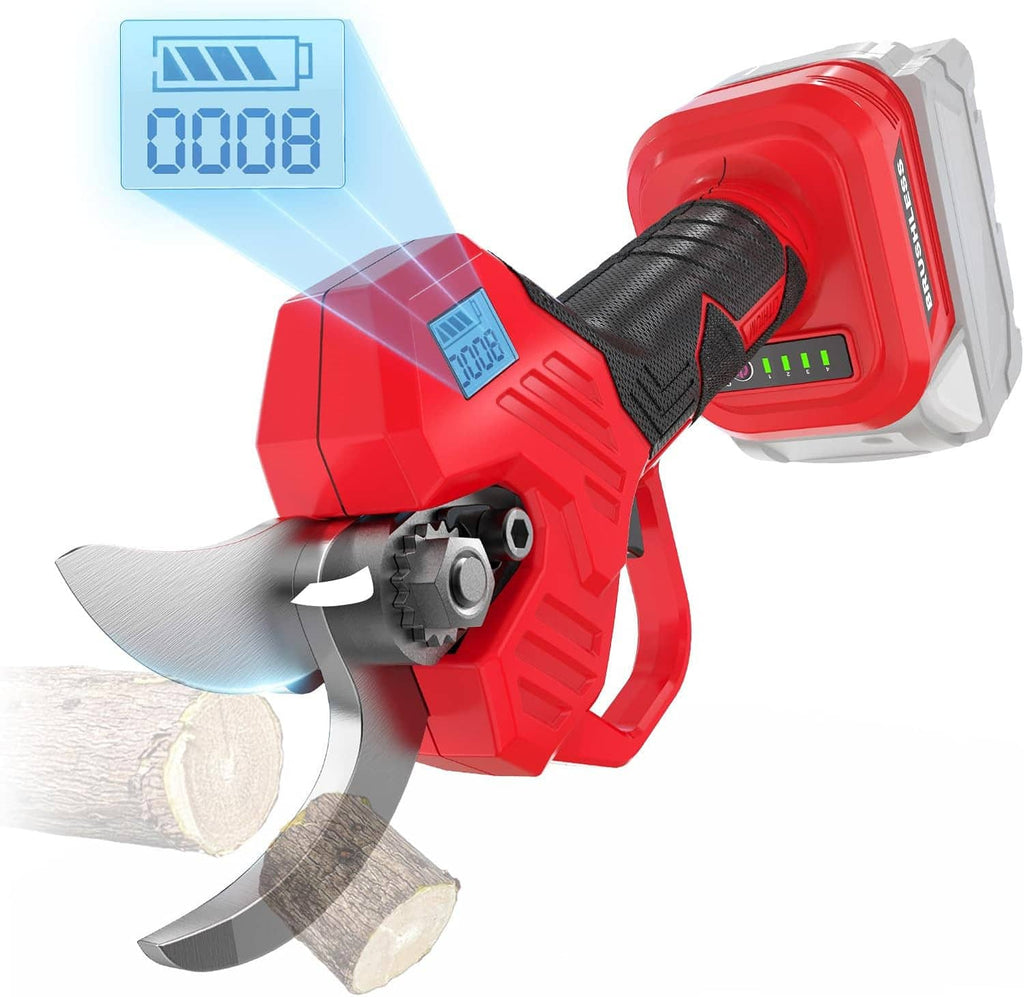 Close-up of red pruning shears cutting blade with digital battery indicator