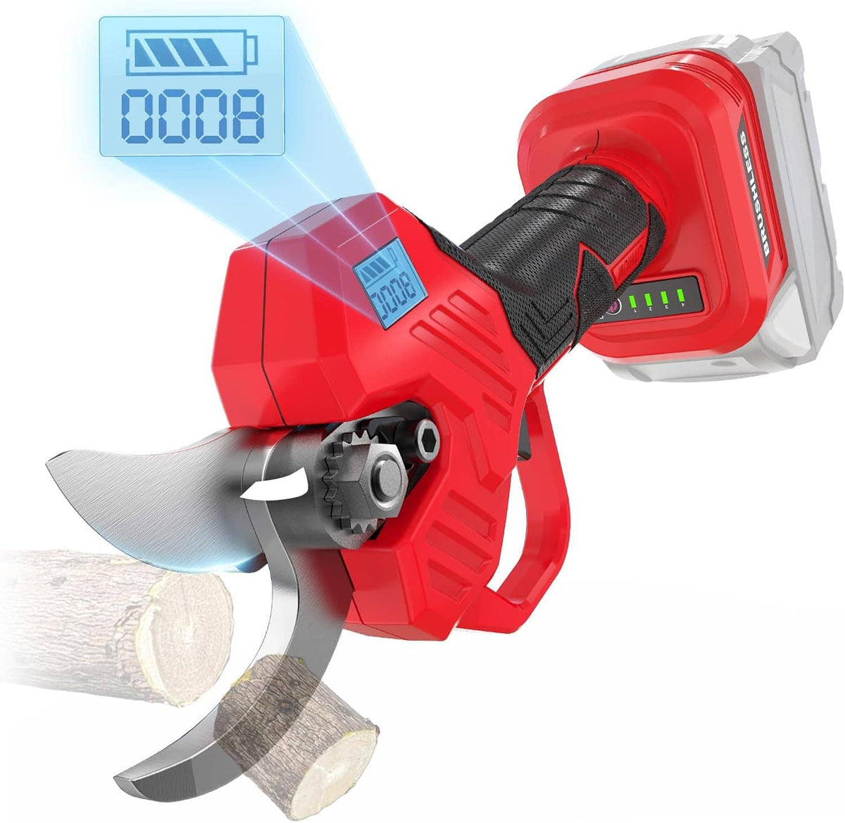 Close-up of red pruning shears cutting blade with digital battery indicator