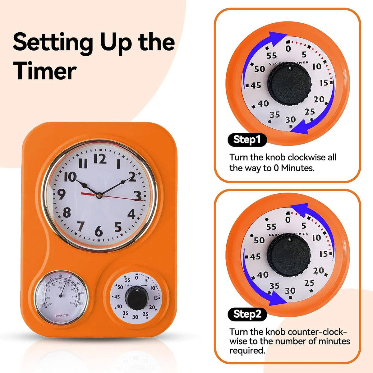 Orange retro wall clock with timer dial and analog time, thermometer, humidity gauges