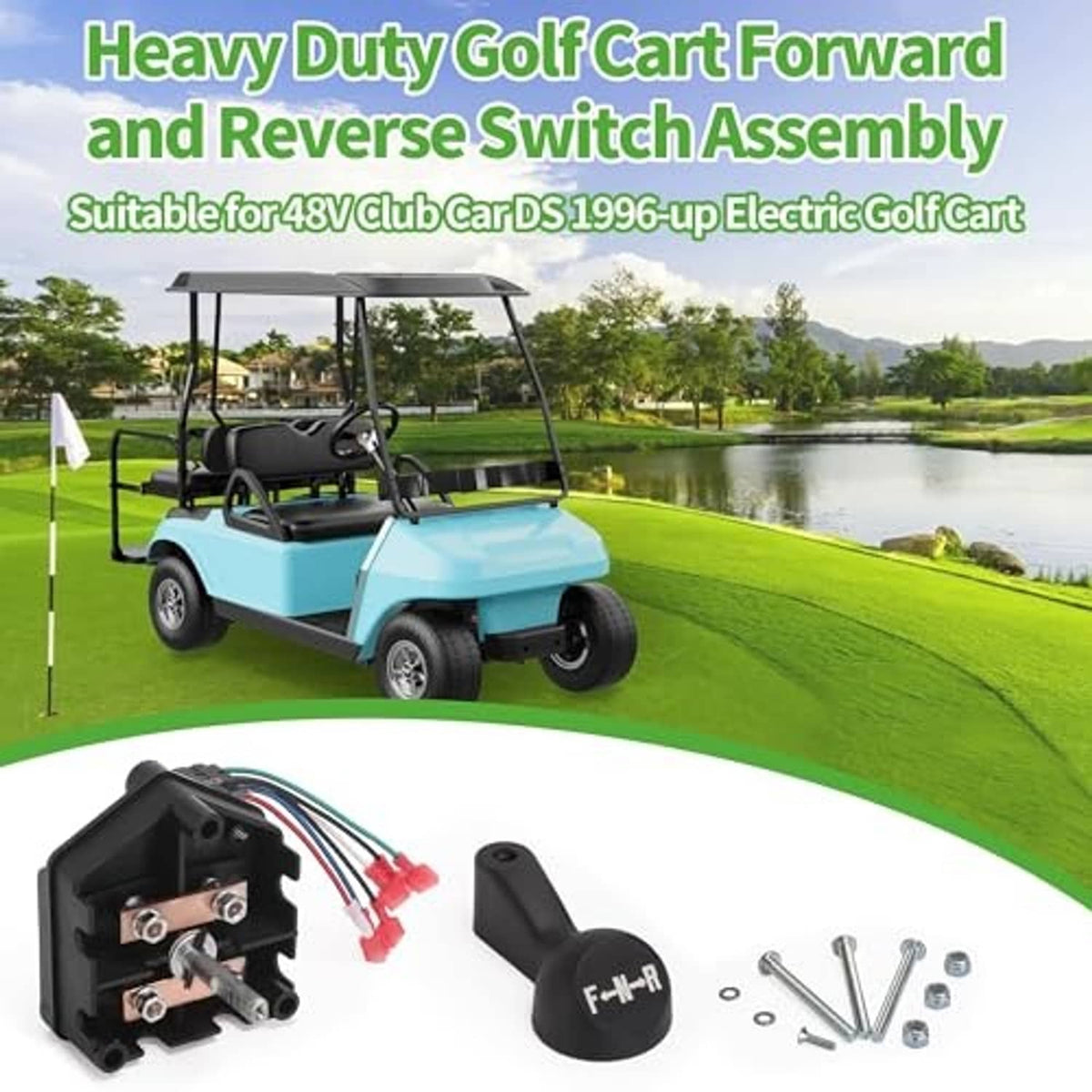 Golf cart forward/reverse switch assembly kit with black shift handle, switch body, and screws