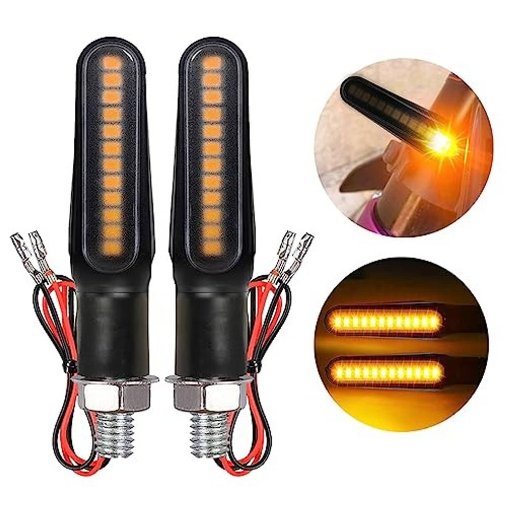 Pair of black motorcycle sequential amber LED turn signals with circular glow detail