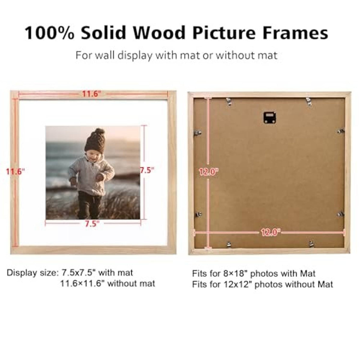 Natural wood square picture frame front and back views with mounting hardware shown