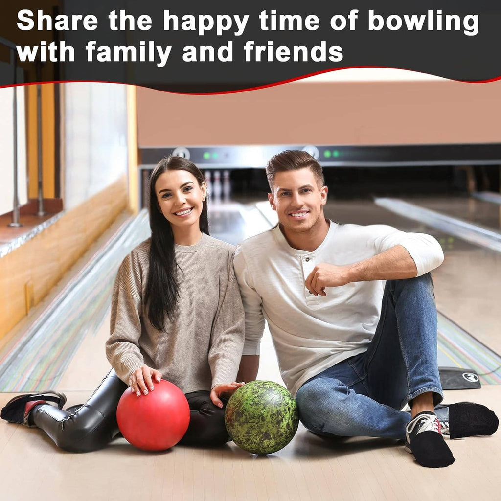 Family playing bowling with black shoe slider sock covers on the lane