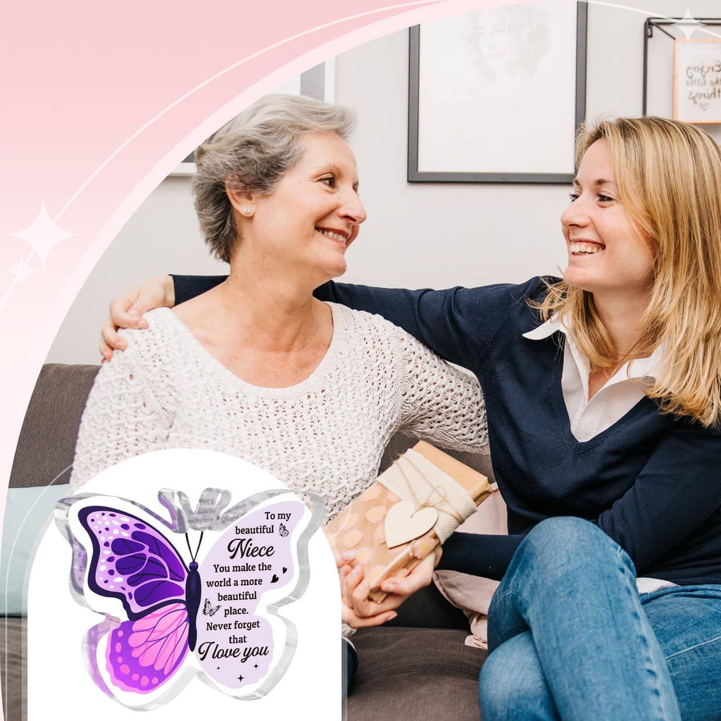 Purple butterfly-shaped message card with clear ribbon and 'I love you' quote
