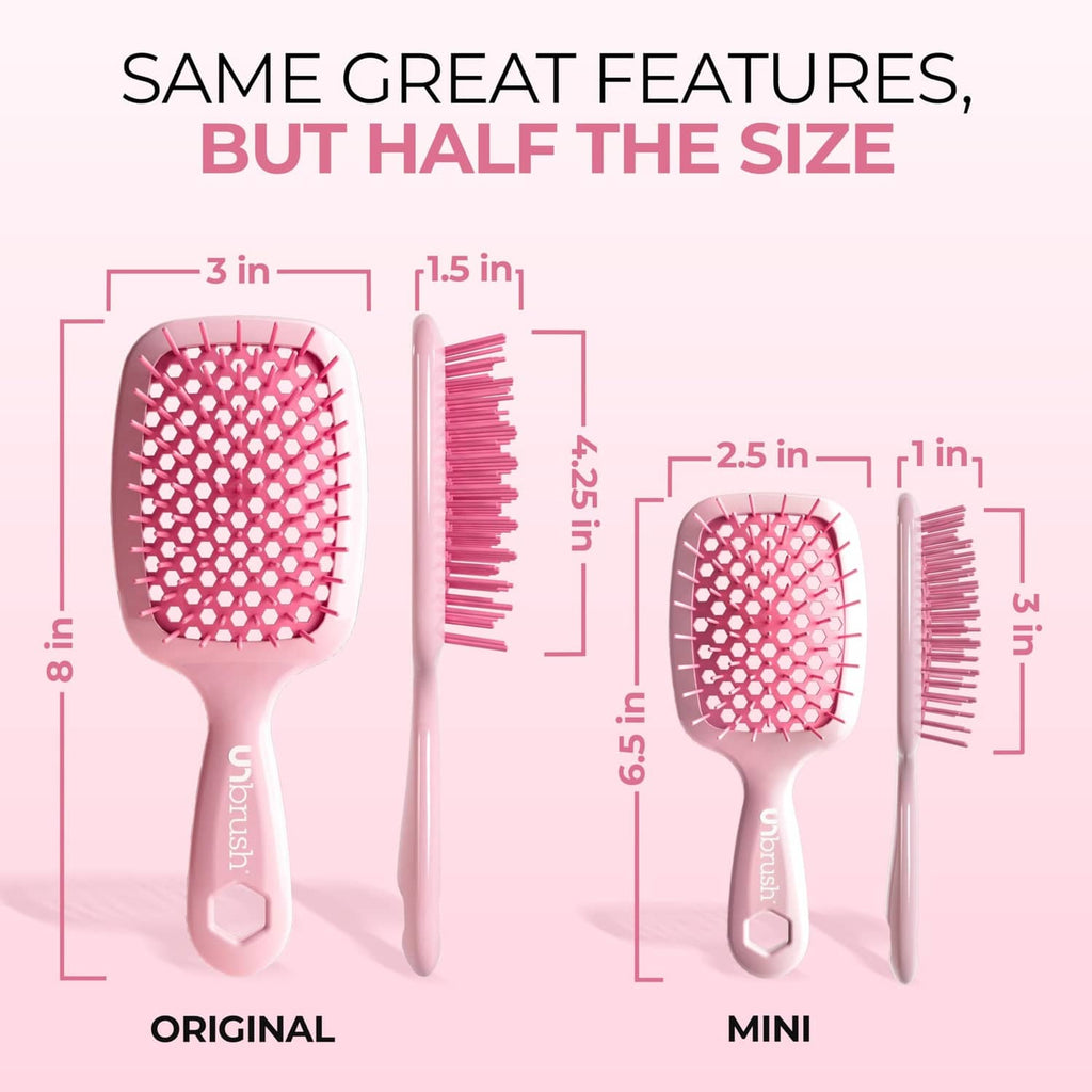 Light pink detangler brush with square cushion and pink bristles (mini size)
