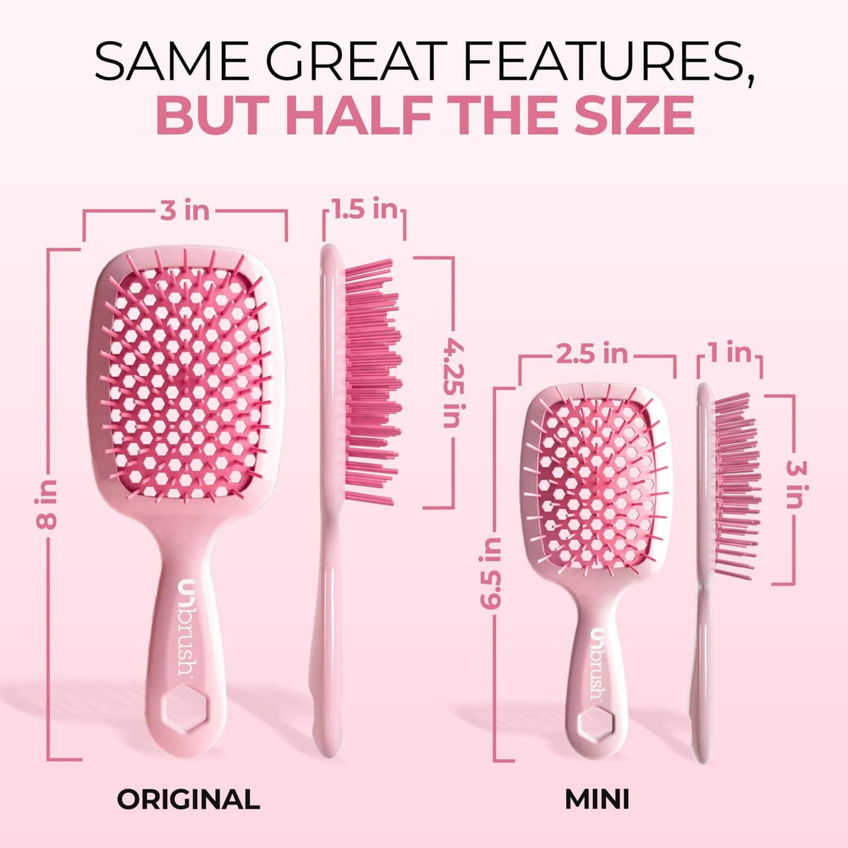 Light pink detangler brush with square cushion and pink bristles (mini size)