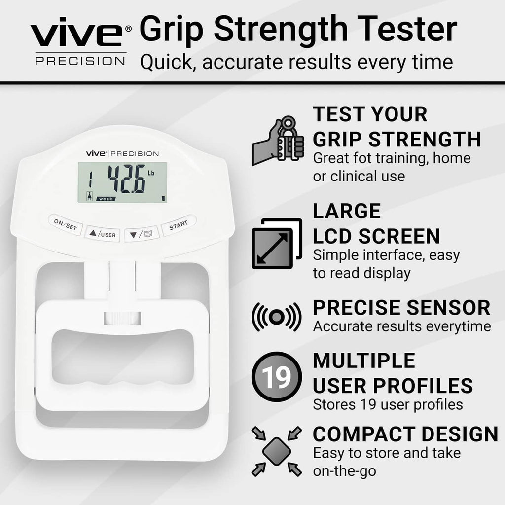 White grip strength tester showing front LCD screen and handle cradle