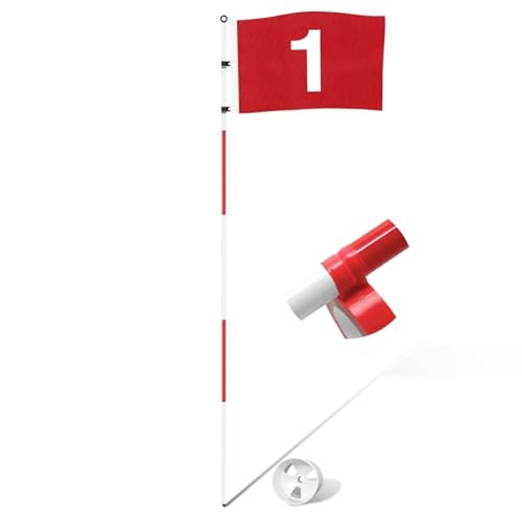 Red golf flag set with number 1 flag, white pole, red connector cap and base