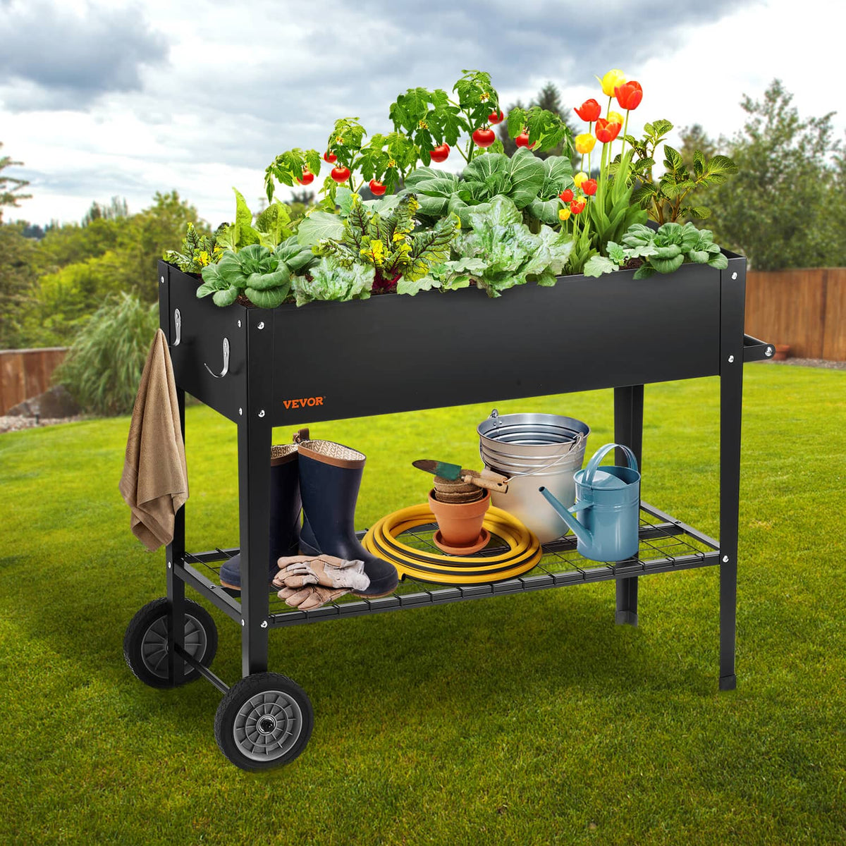 Black galvanized steel raised garden bed planter box with side hooks and lower wire shelf