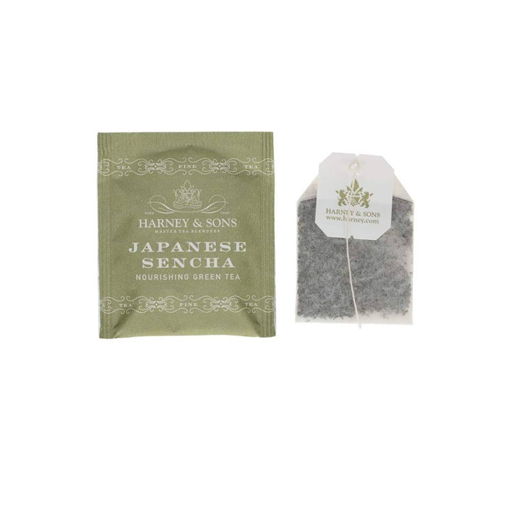 Harney & Sons Japanese Sencha green tea sachet and pyramid tea bag with tag