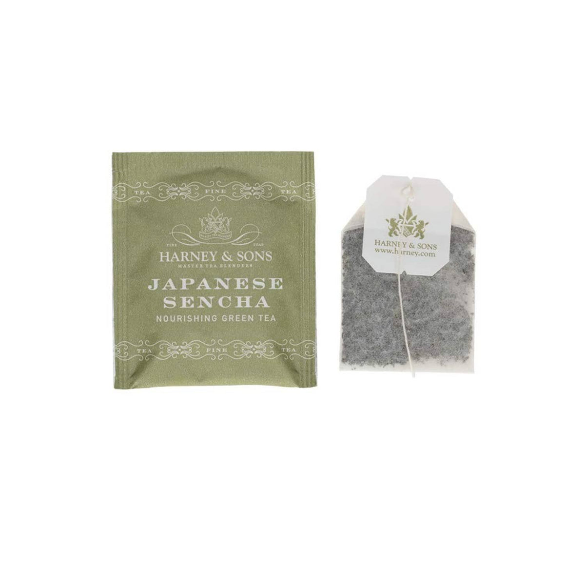 Harney & Sons Japanese Sencha green tea sachet and pyramid tea bag with tag