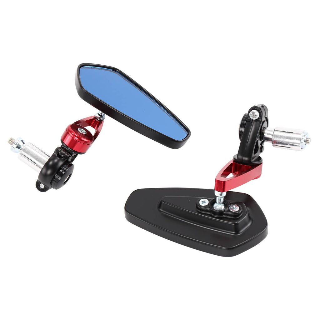 Motorcycle bar-end mirror set: blue glass lenses, black arms, red posts, chrome stems.