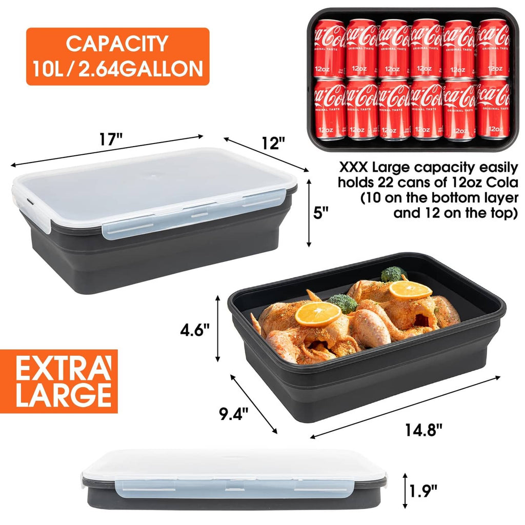 Extra-large collapsible prep tub with measurements, black base and light-gray lid