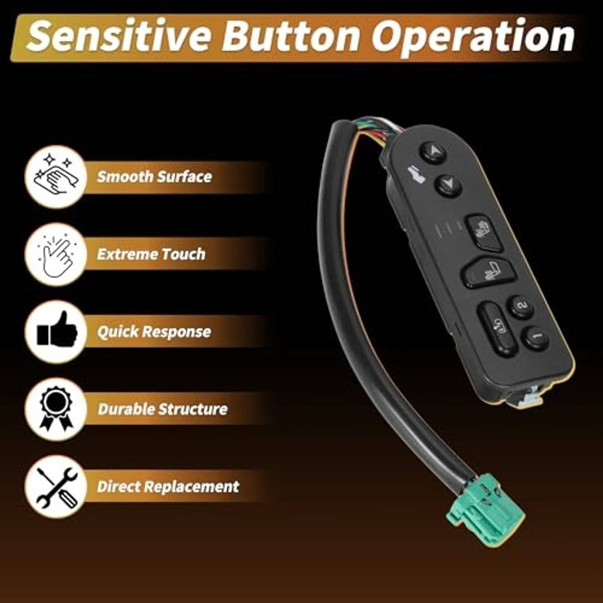 Black seat heater switch with smooth control buttons and green wiring plug