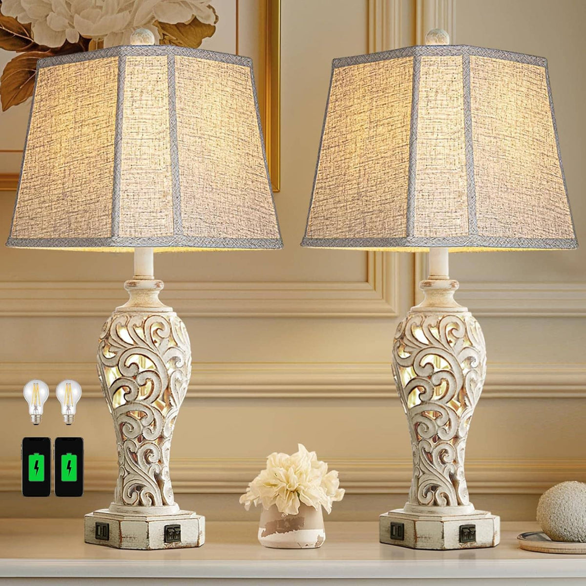 Set of 2 rustic table lamps with beige linen shades and carved white scroll bases