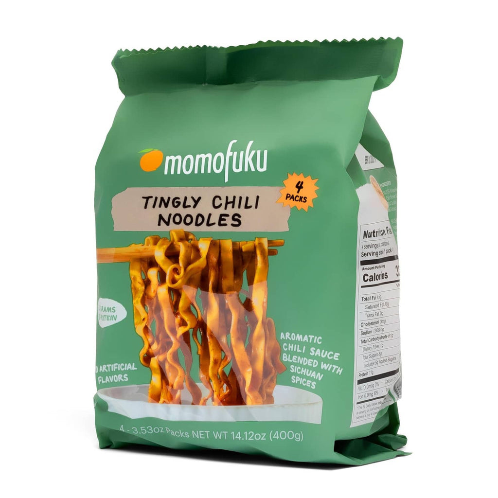 Tingly chili ramen noodle bag with four-pack pouch and visible noodle curls