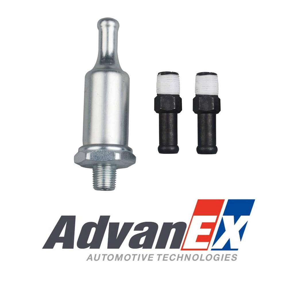 AdvanEX 12V electric fuel pump components: pump body, fittings, connectors