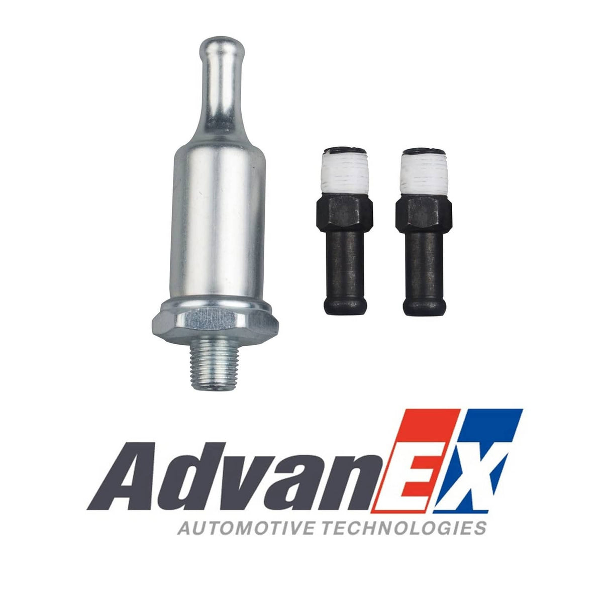 AdvanEX 12V electric fuel pump components: pump body, fittings, connectors