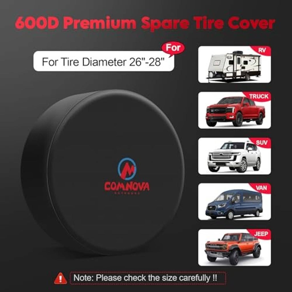 Black spare tire cover with COMNOVA logo, sized for 26–28in tire diameter.